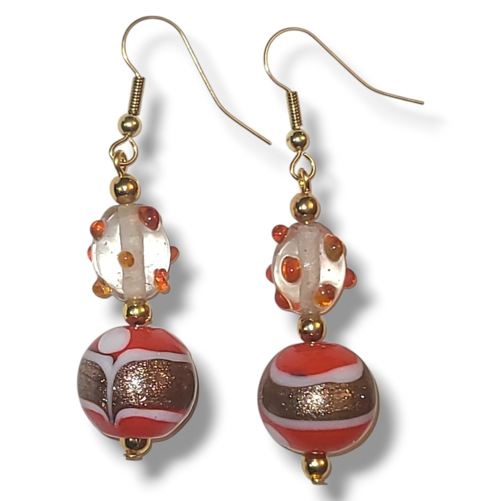 Lampwork Glass Foil Red White Dot Bead Earrings Gold Tone‎ Dangle Handmade Boho